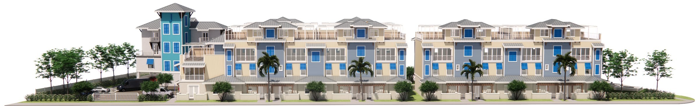 Full front elevation of the entire Outlook Way community, showing all twelve townhome residences and the corner building