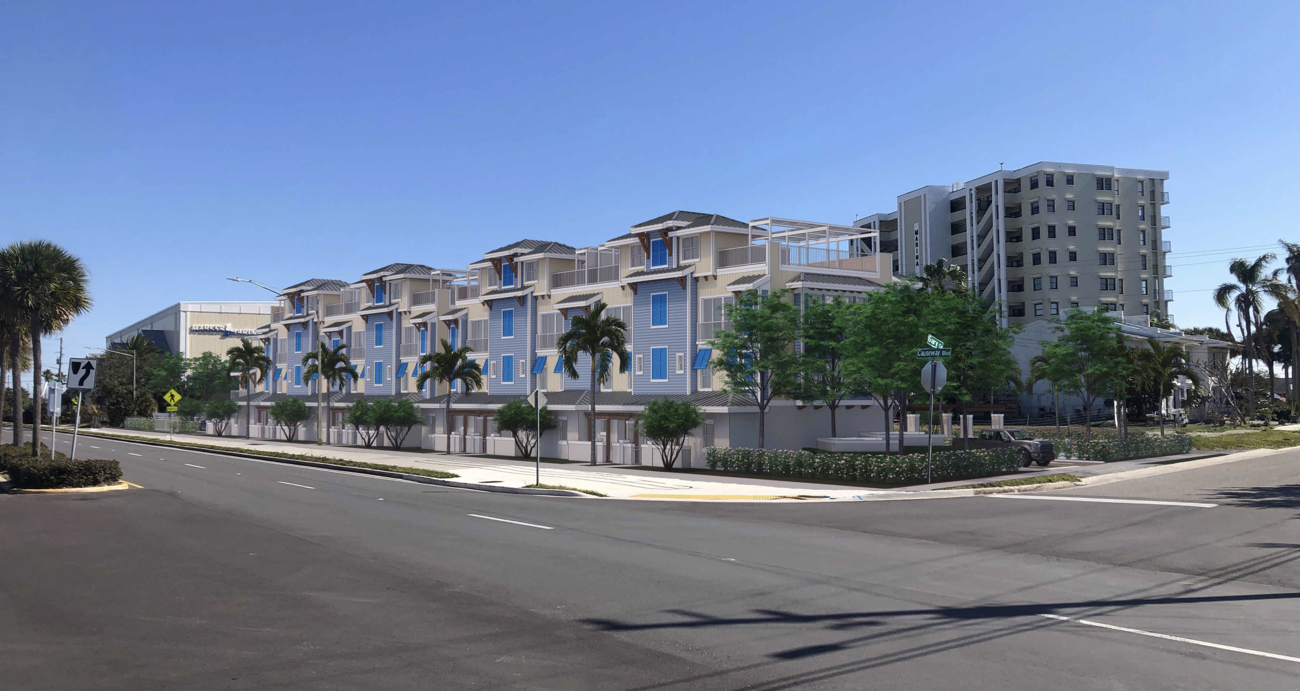 Southeast architectural view of the Outlook Way streetscape