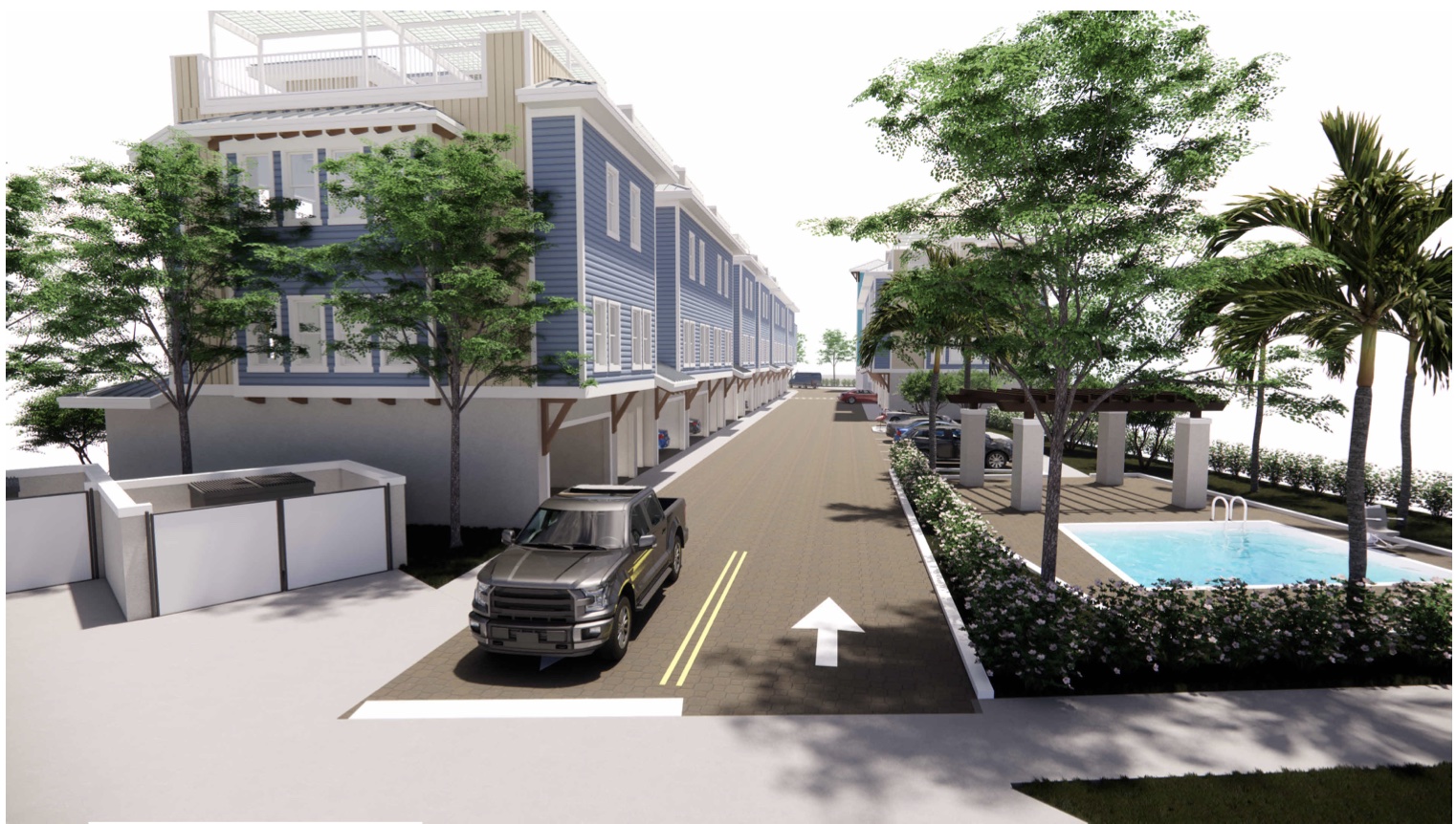 Outlook Way community rendering with pool, pergolas and streetscape