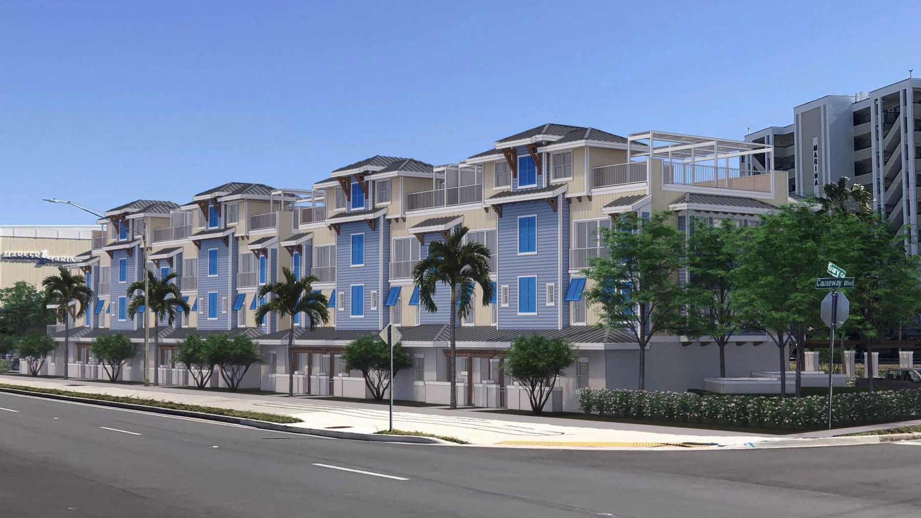 Southeast view of the Outlook Way townhome streetscape on Causeway Boulevard in Dunedin