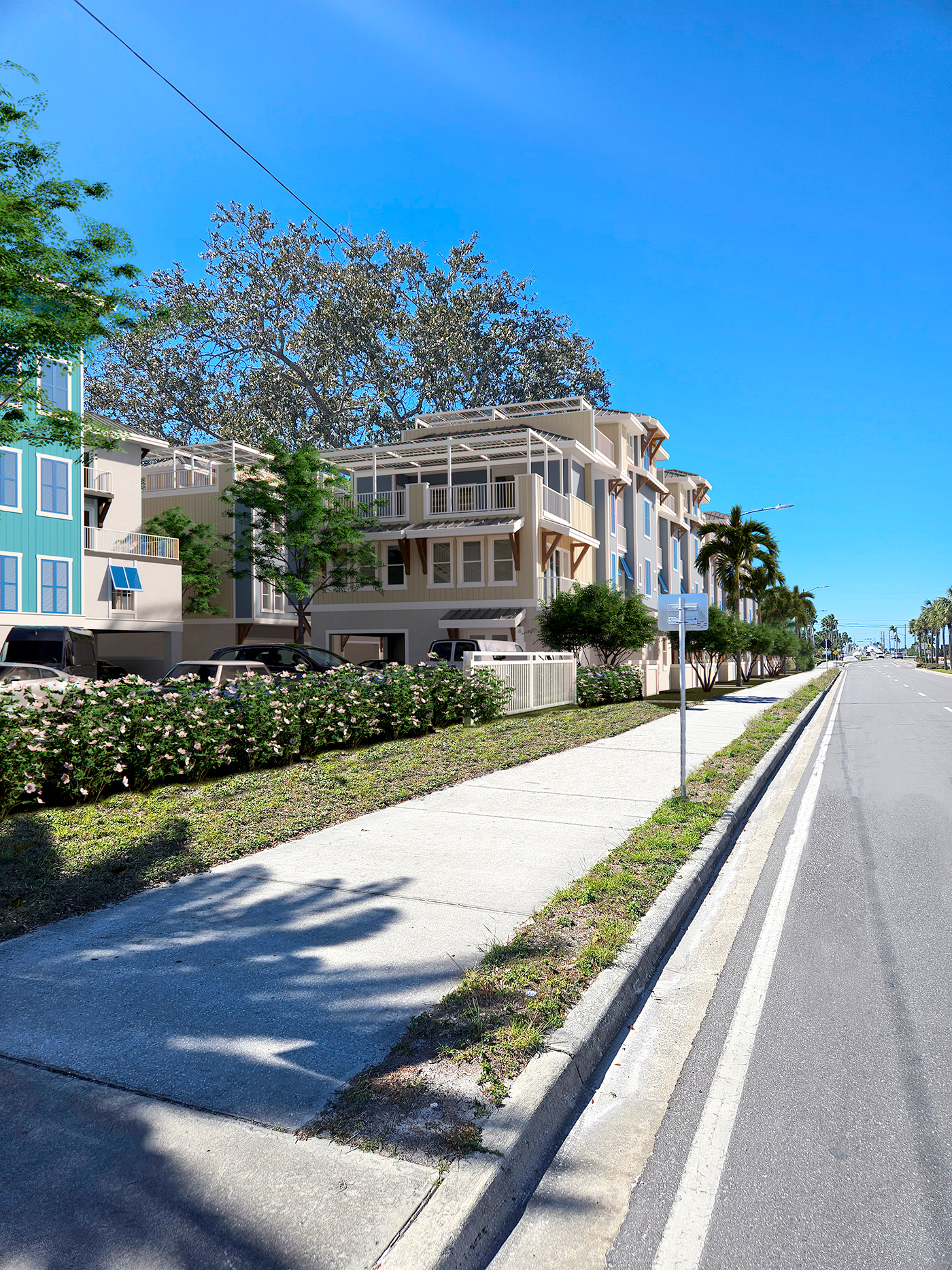 Dunedin editorial image showing a bright walkable coastal streetscape