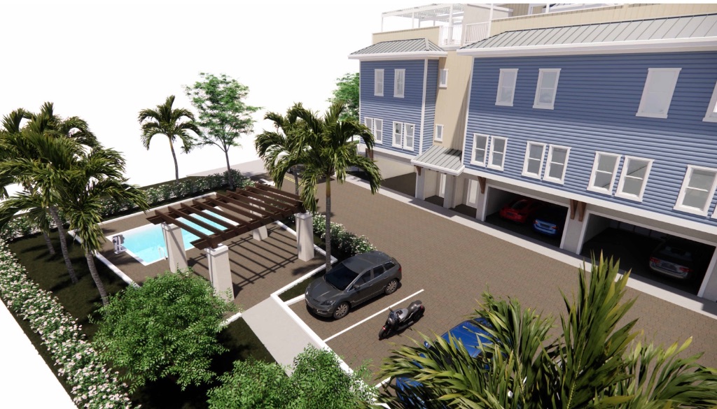 Outlook Way community pool with pergola, residential building and landscaped outdoor spaces